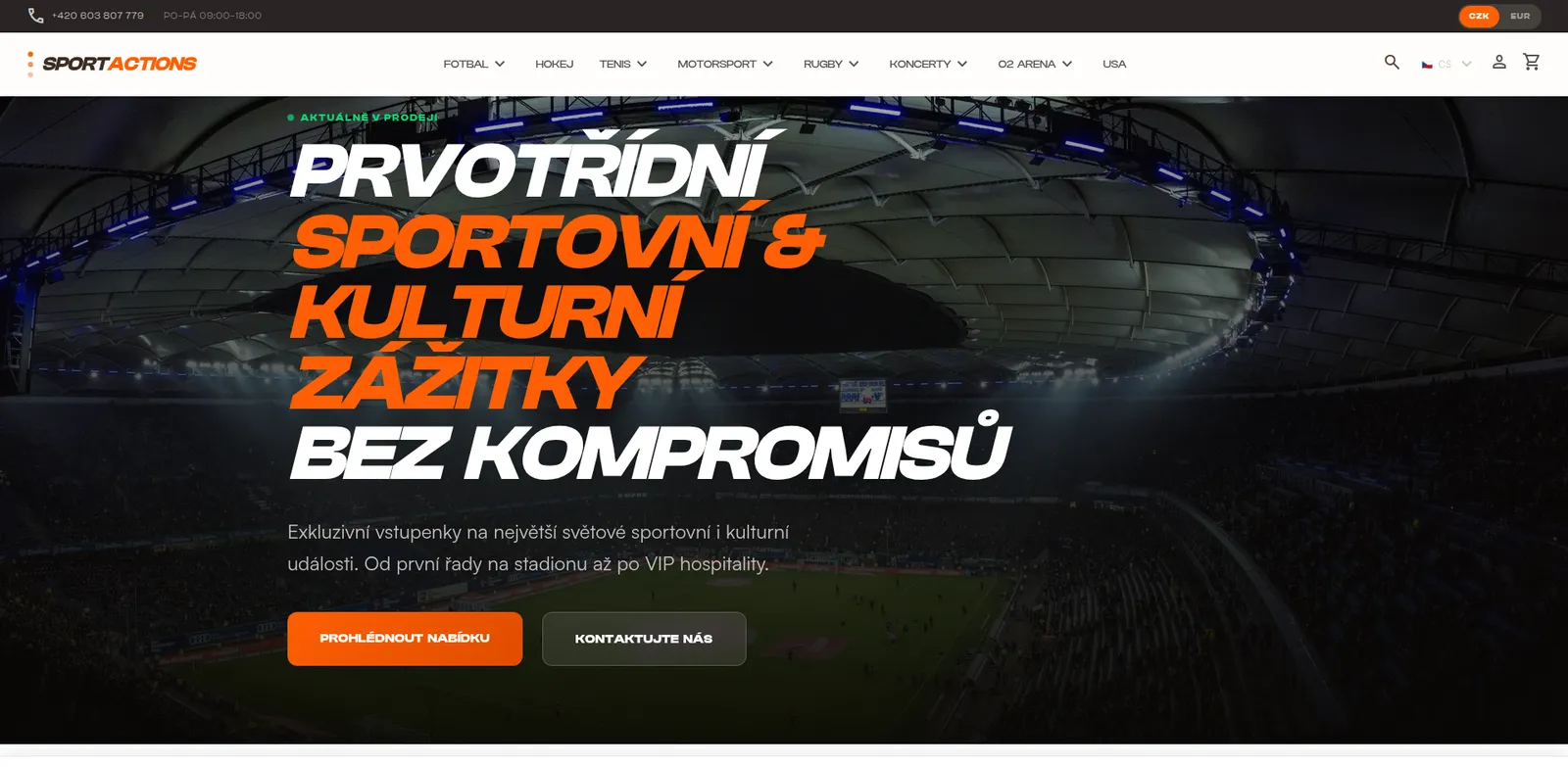 Homepage SportActions.cz — hero s nabídkou sportovních a kulturních zážitků, přepínač jazyka CS/EN a měny CZK/EUR v headeru
